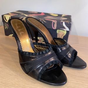 Black Open-Toe Nicole Miller Ruffle Heels Size 10